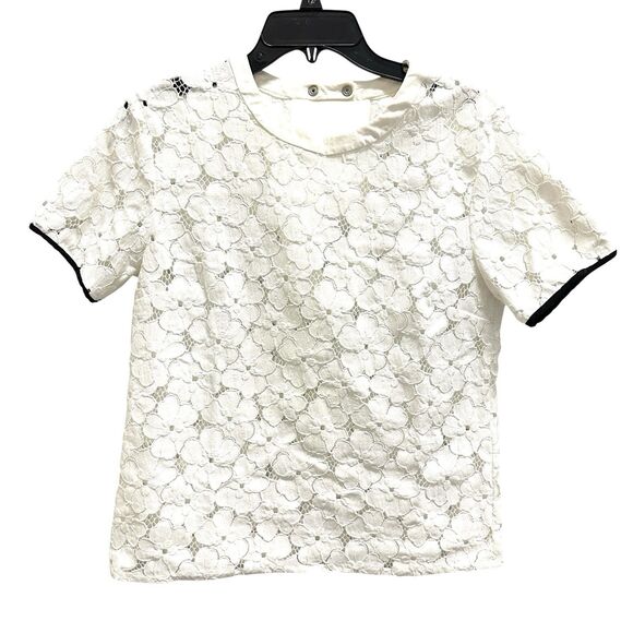 Sandro Womens 100% Silk Lace Crochet Short Sleeve Keyhole Back Top Size 3/L/40 - Picture 1 of 11